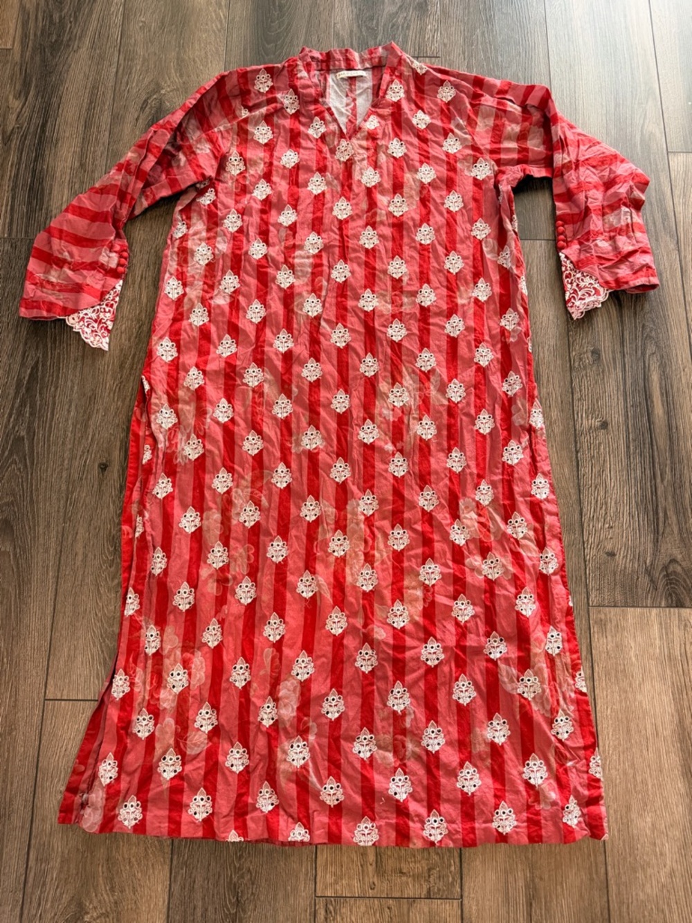 Baroque Embroidered Striped Cotton Kurta Tunic Dress Red White Size Large Boho - Picture 5 of 13